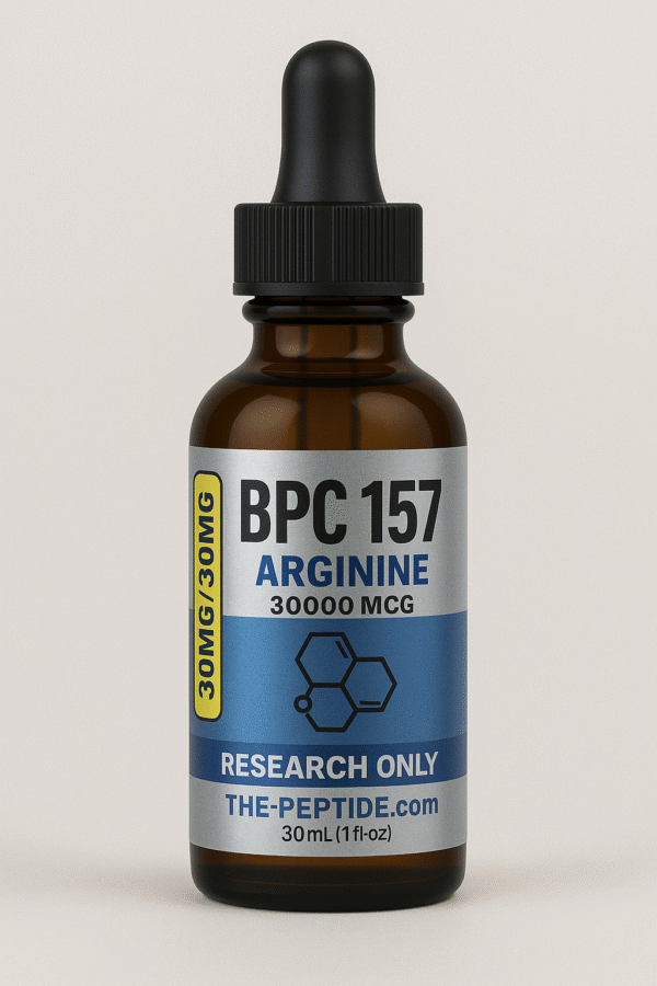 Bottle of BPC 157 Arginine supplement with a dropper.