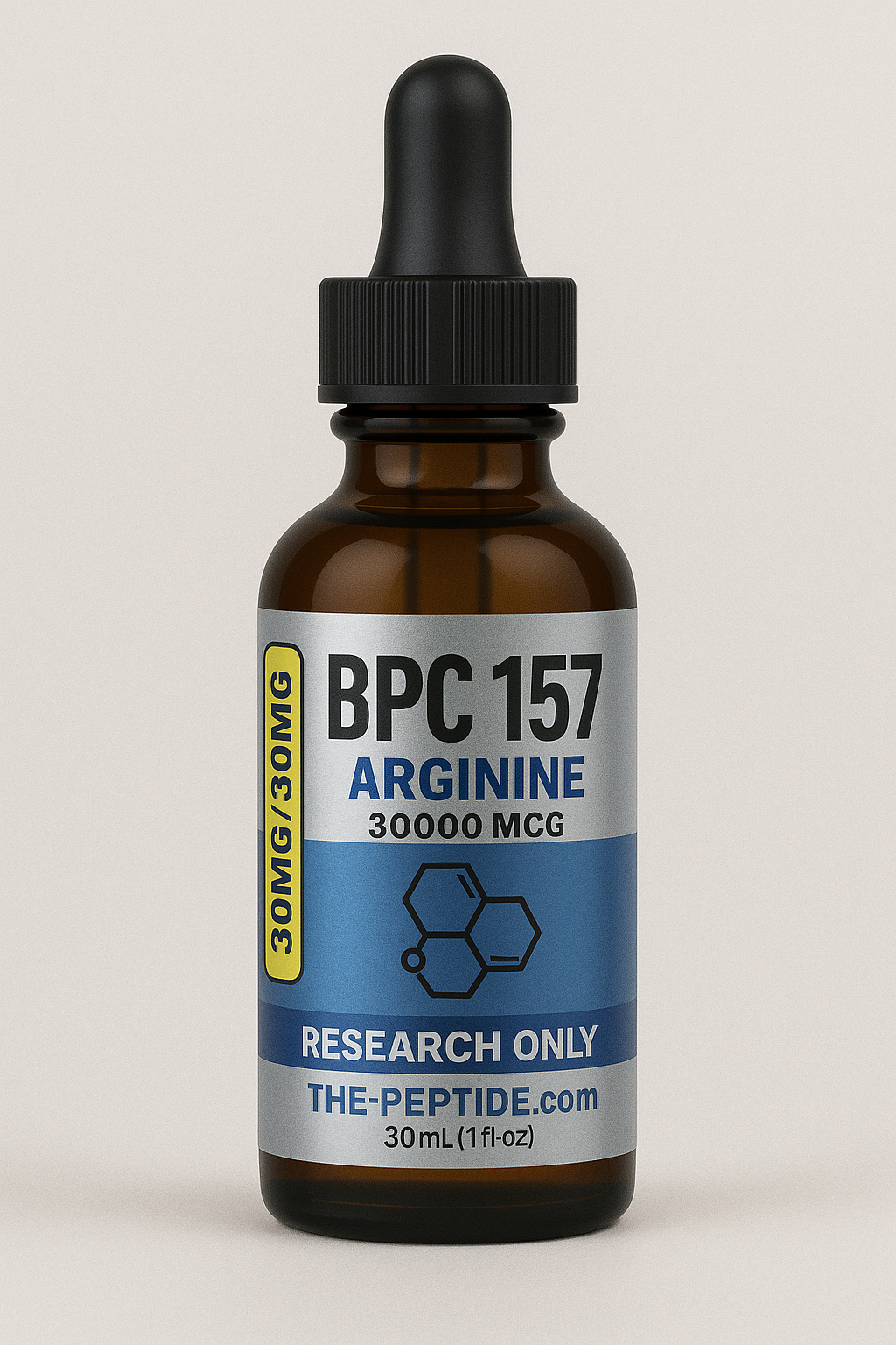 Bottle of BPC 157 Arginine supplement with a dropper.