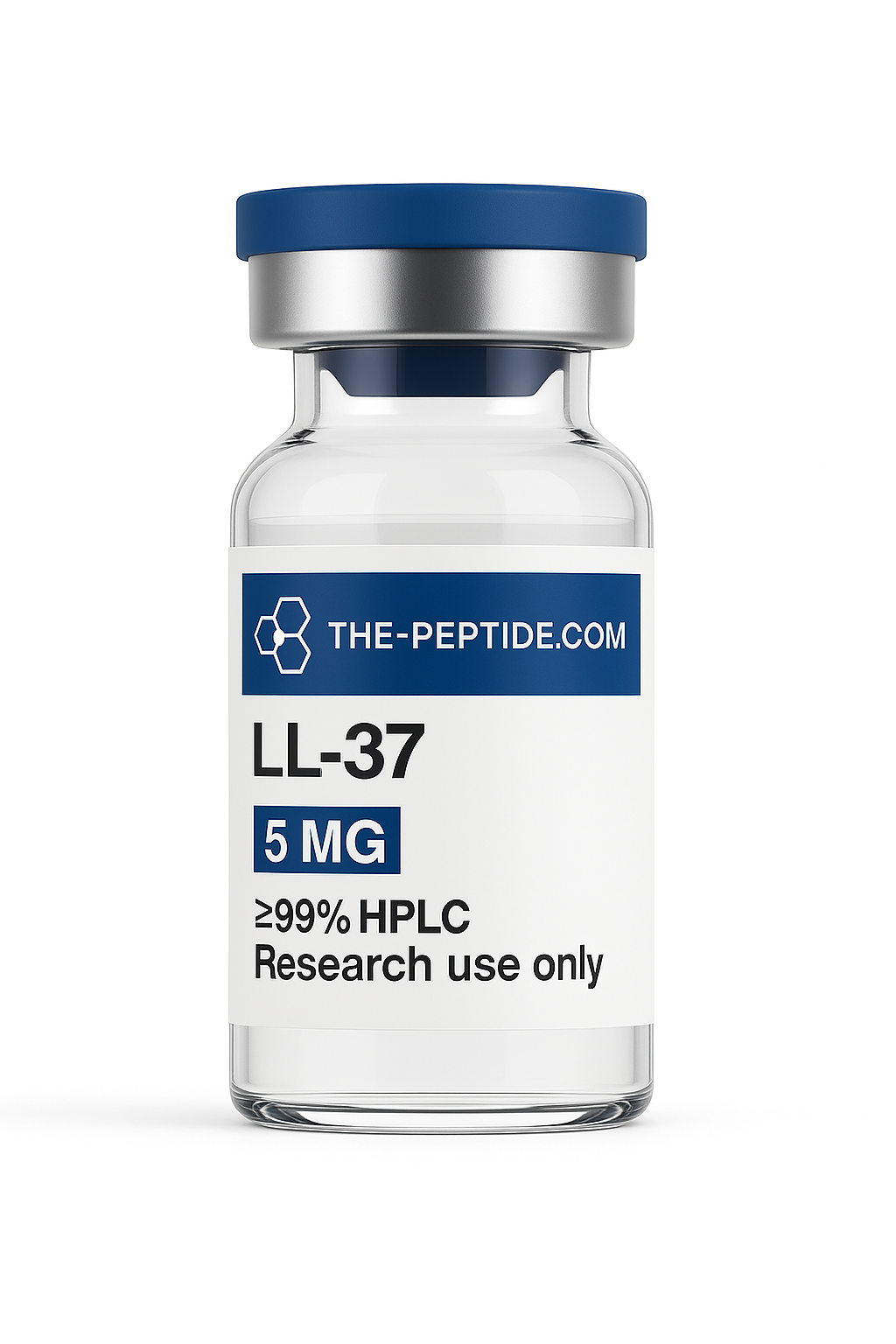 A clear vial labeled LL-37 peptide, 5 mg, for research use only.
