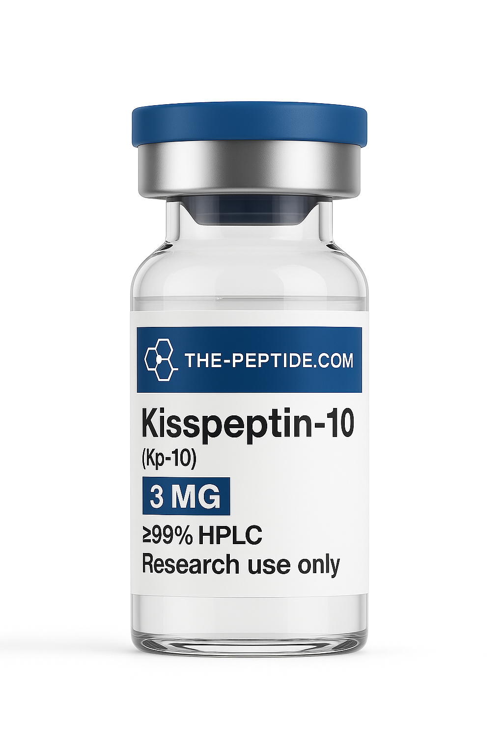 Vial of Kisspeptin-10 peptide for research use, labeled 3 mg and ≥99% purity.