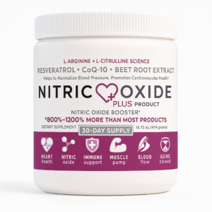 Container of Nitric Oxide Plus supplement with beet root extract.