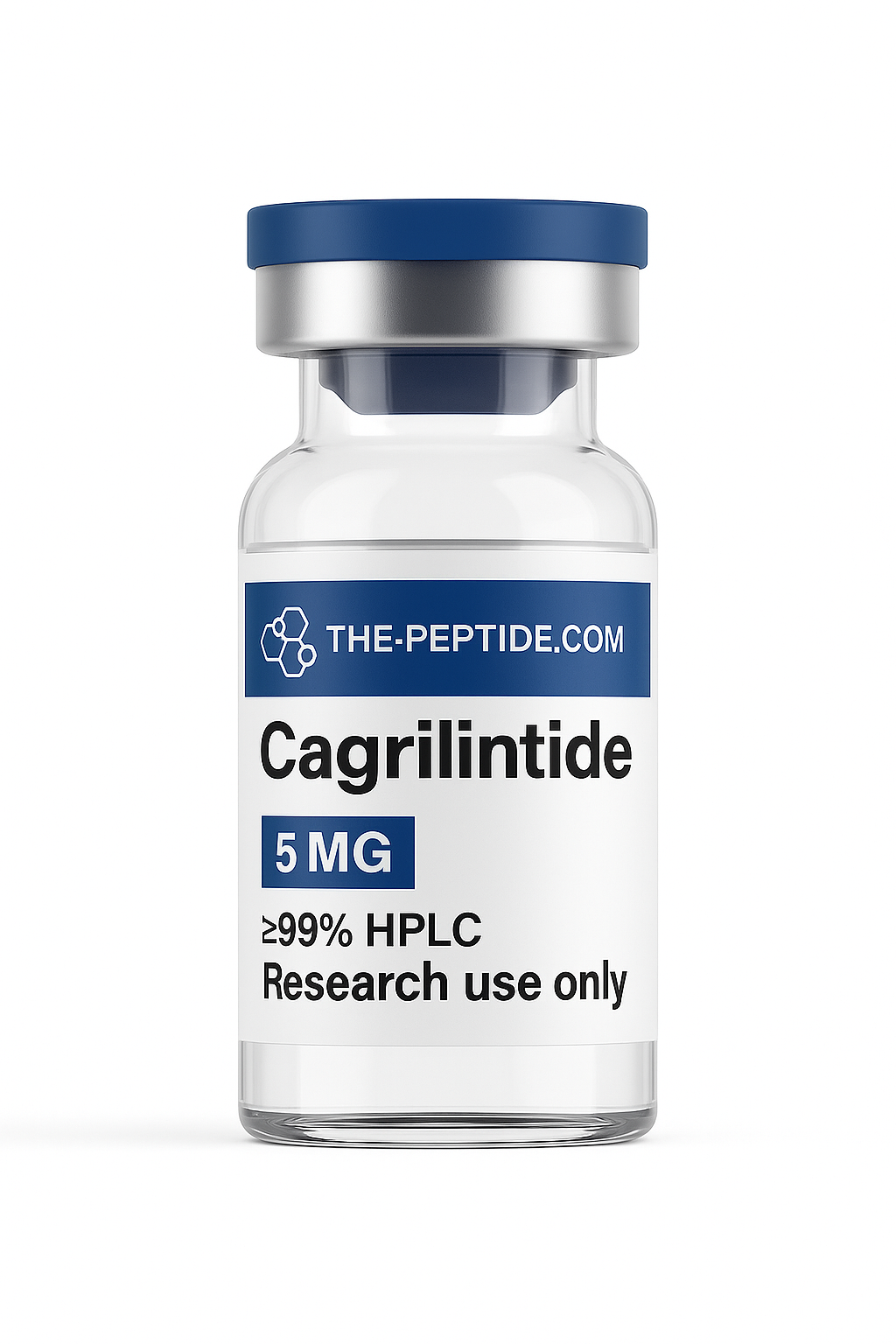 A clear vial labeled Cagrilintide 5 MG for research use only.