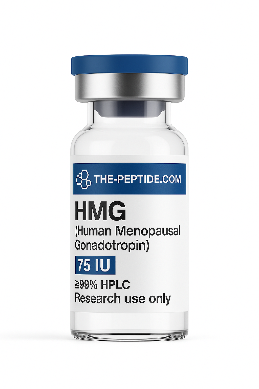 A vial of HMG (Human Menopausal Gonadotropin) for research use only.
