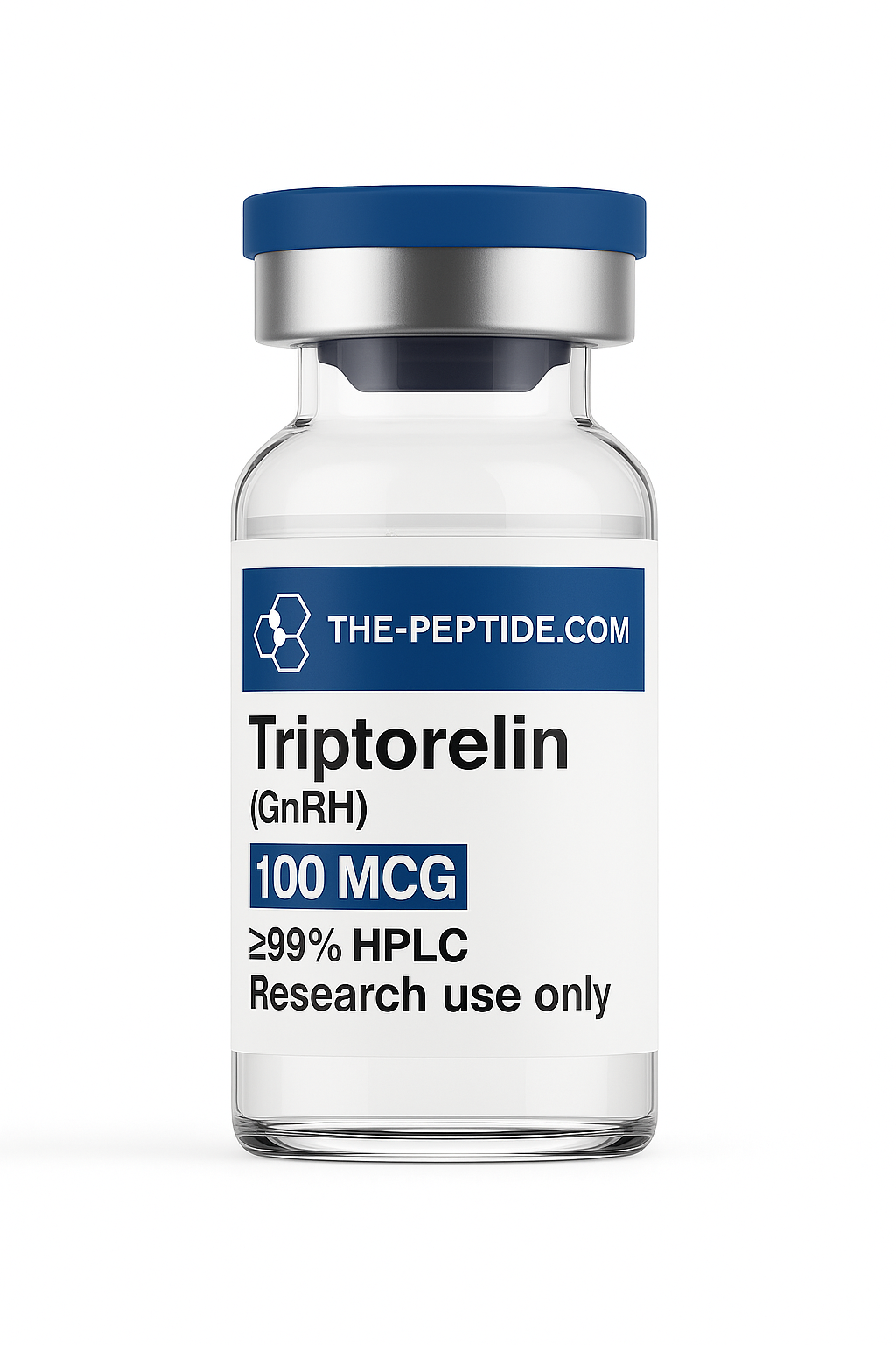 Vial of Triptorelin peptide for research use with 100 MCG and high purity.