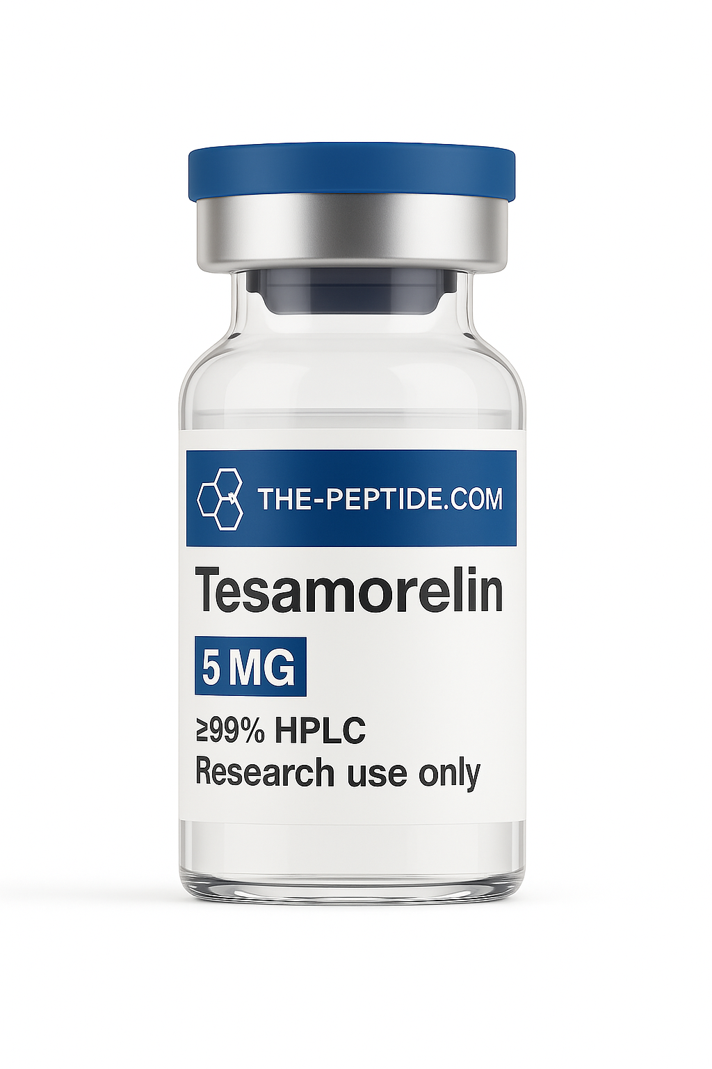 Vial of Tesamorelin peptide, 5 mg, for research use only.