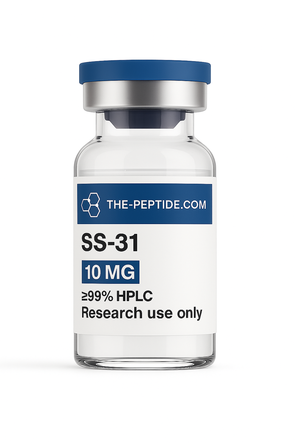 A clear vial labeled SS-31 peptide, 10 mg, for research use only.
