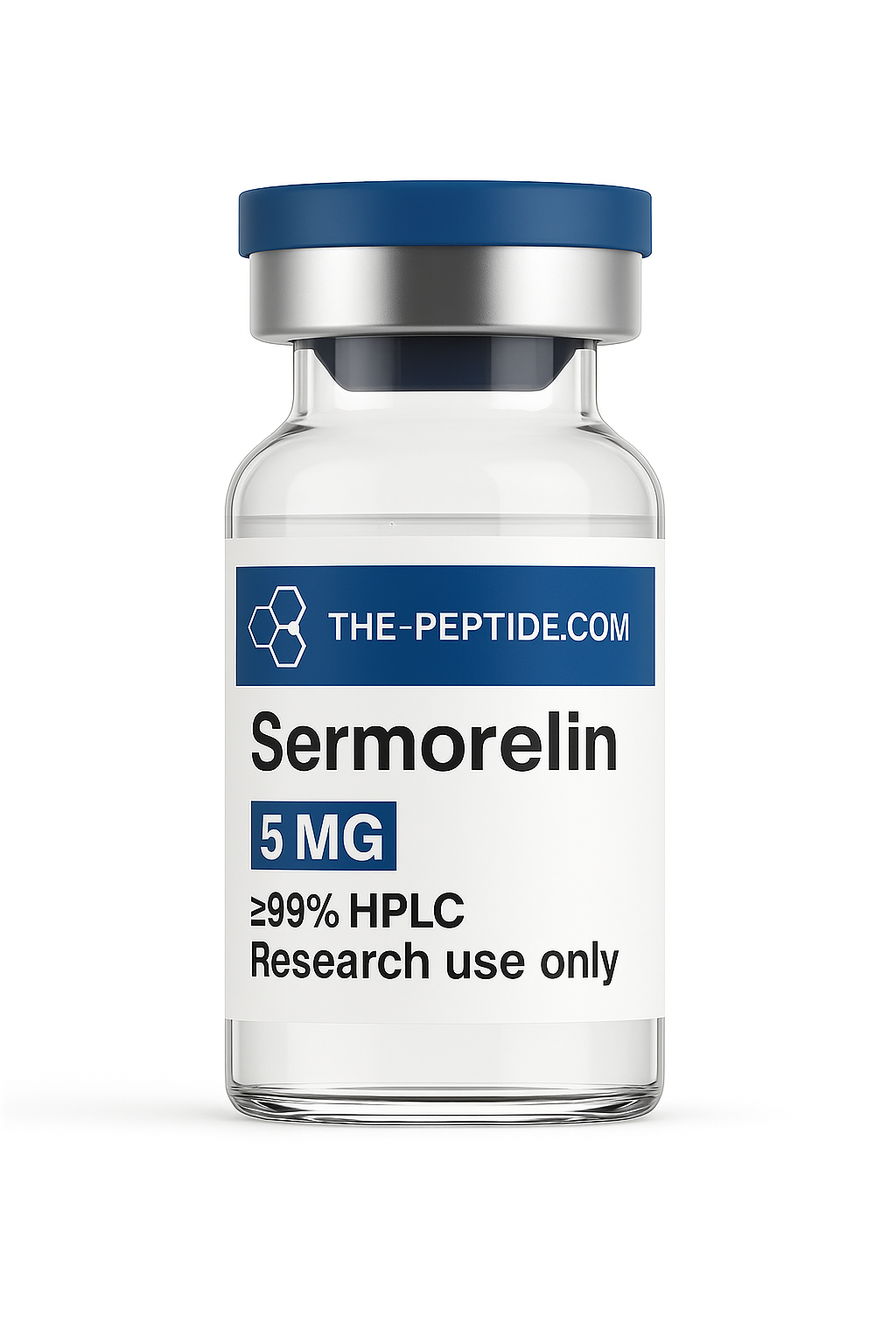 A 5 mg vial of Sermorelin peptide labeled for research use only.