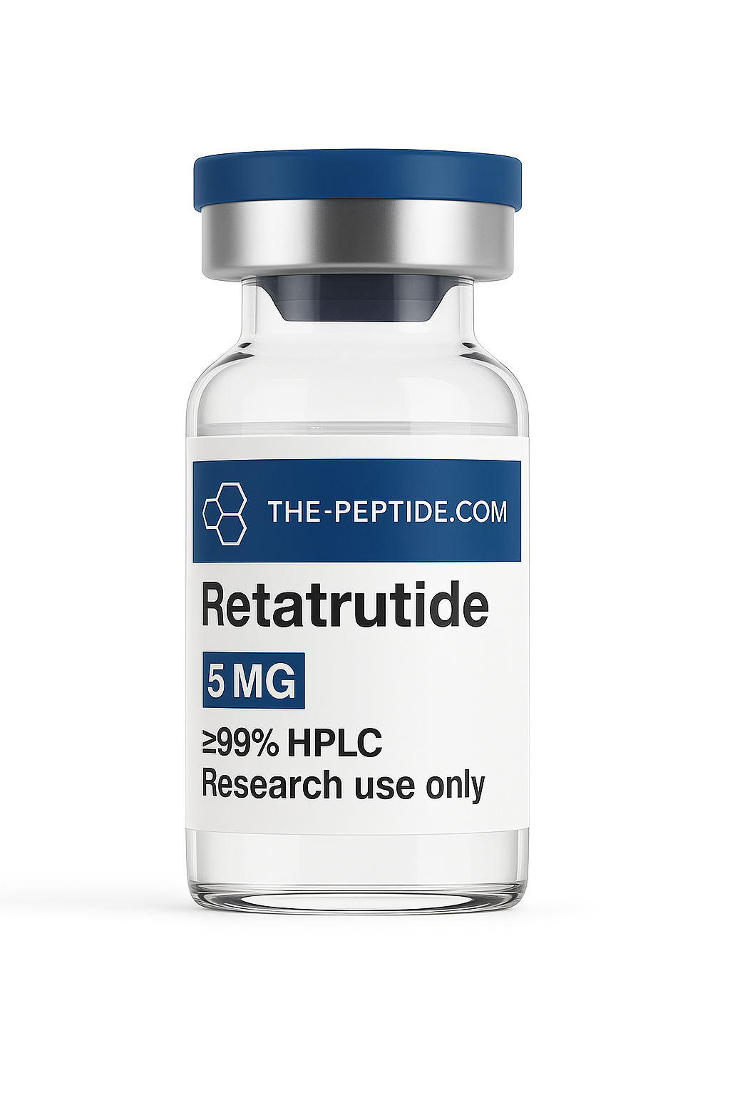 Vial of Retatrutide peptide for research use, 5mg purity ≥99%.