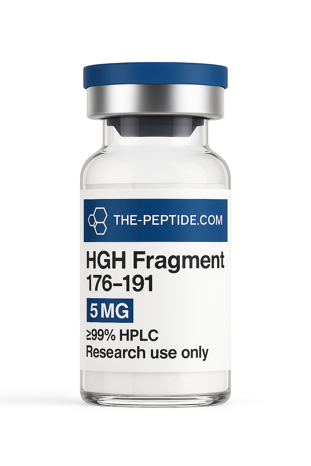 Vial labeled HGH Fragment 176-191, 5MG, for research use only.