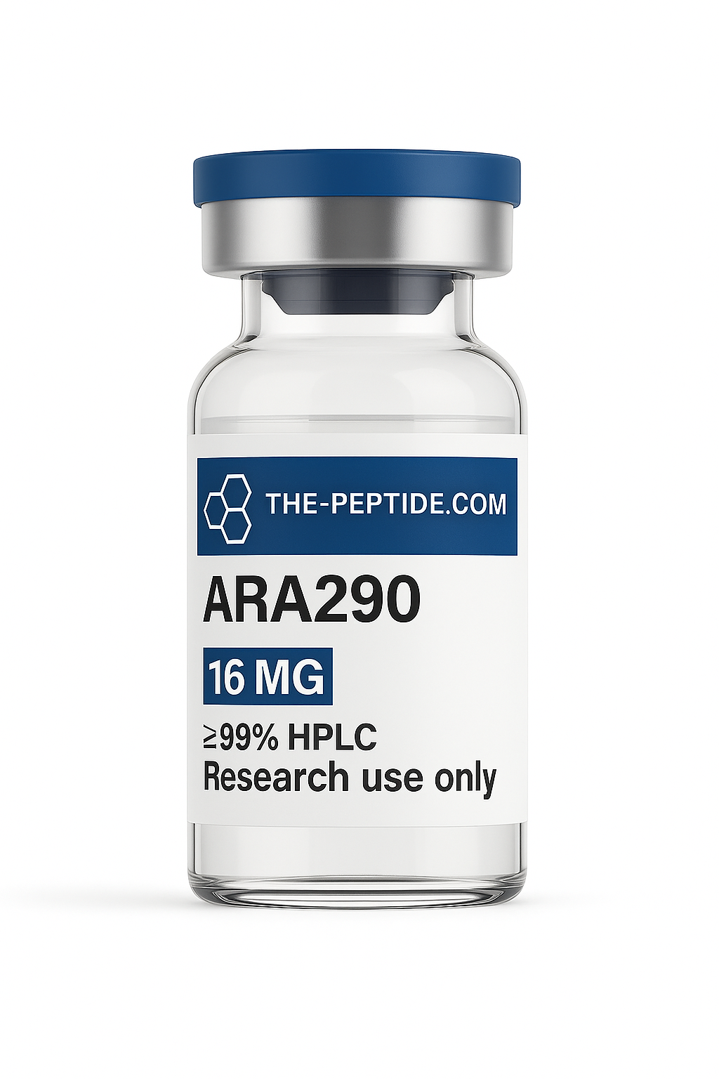 Vial of ARA290 peptide for research use, labeled 16 mg with high purity.