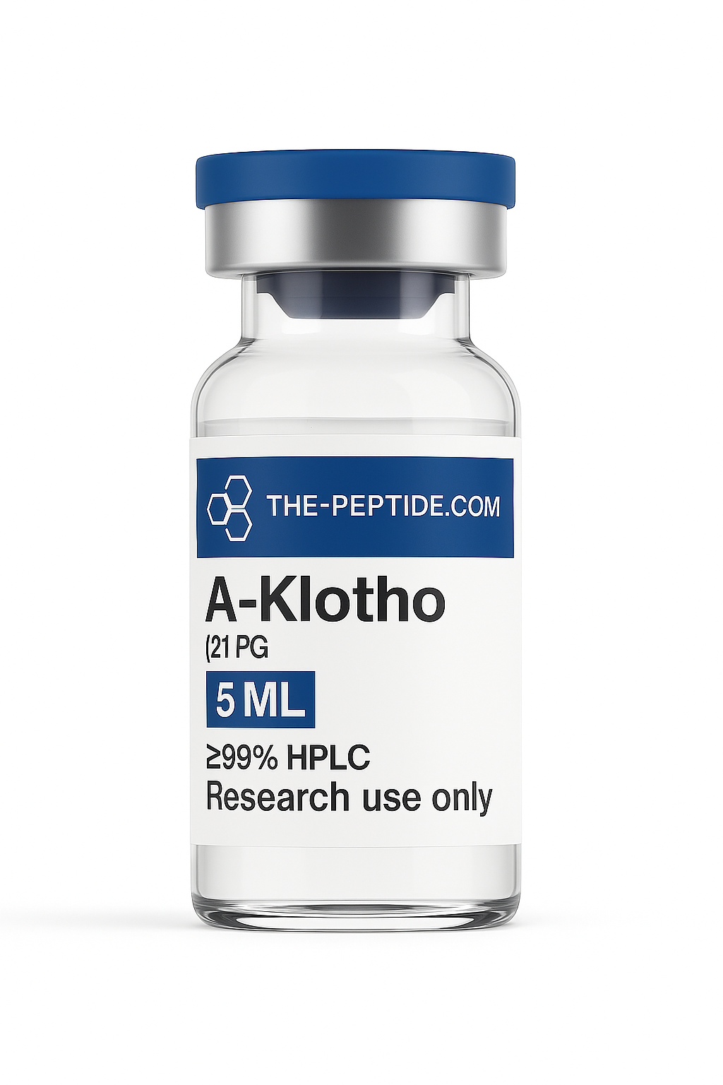 A 5ml vial of A-Klotho peptide for research use, labeled with purity and brand.
