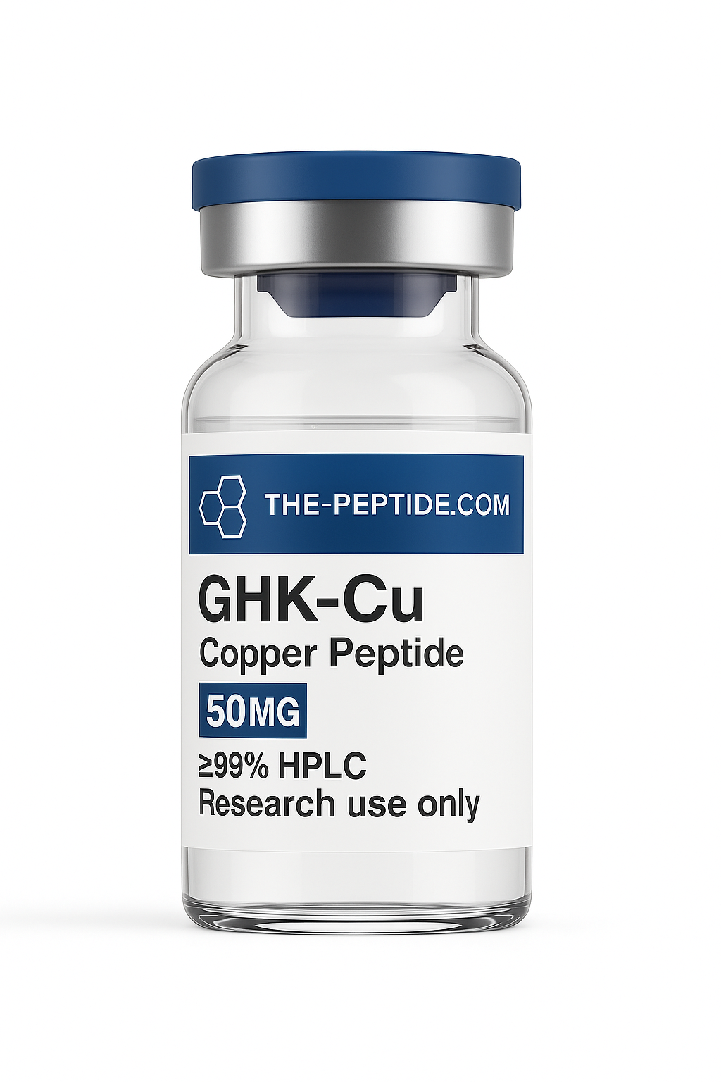 A vial labeled GHK-Cu Copper Peptide, 50MG, for research use only.
