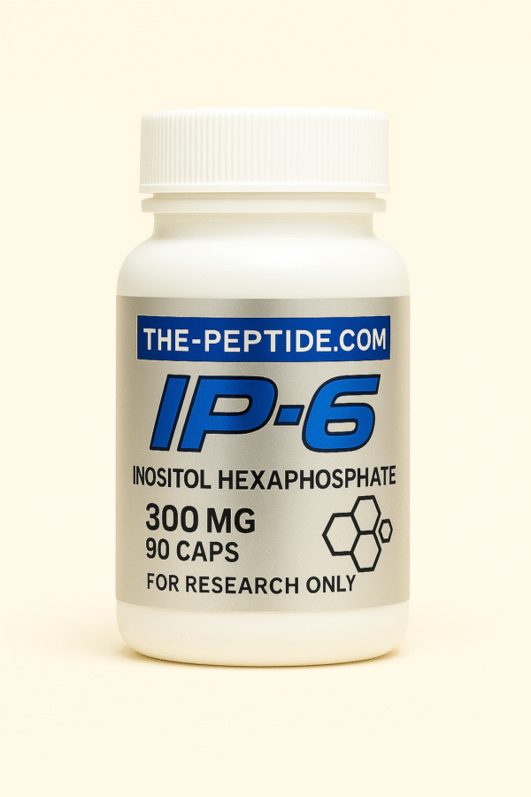 Bottle of IP-6 Inositol Hexaphosphate supplement for research use.