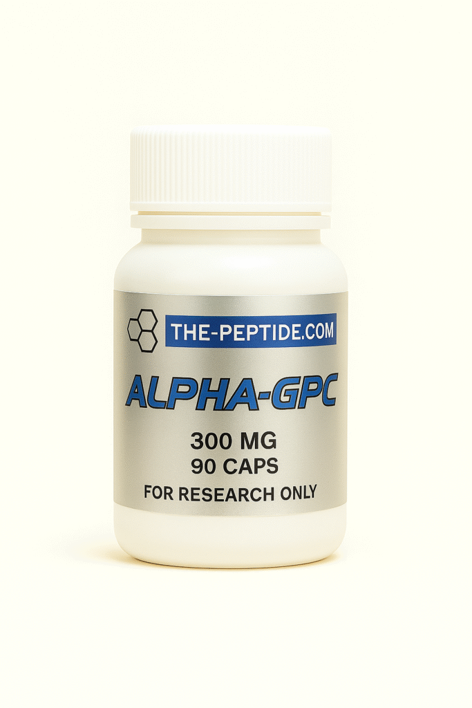 Bottle of Alpha-GPC supplement by The-Peptide.com.