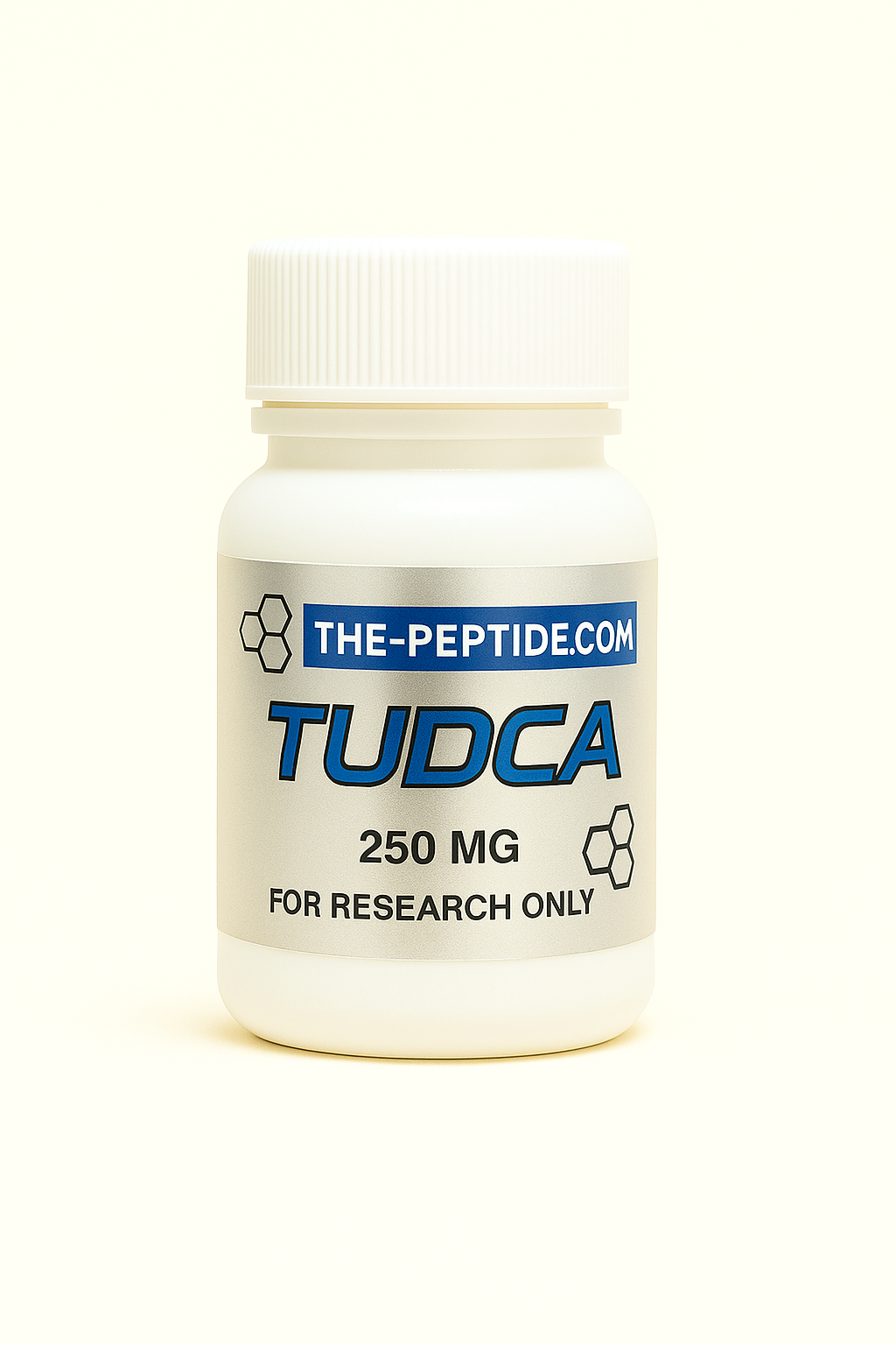 A white bottle labeled TUDCA 250 MG for research only.