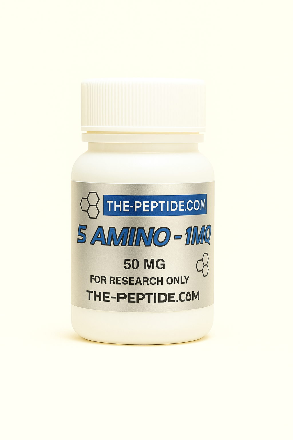 White bottle labeled 5 AMINO - 1MQ, 50 mg, for research only.