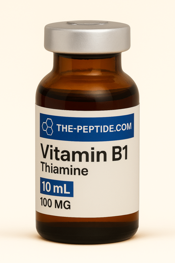 A brown bottle labeled Vitamin B1 Thiamine, 10 mL, 100 mg.