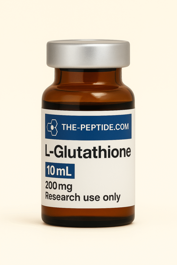 A brown vial labeled L-Glutathione, 10mL, 200mg, for research use only.