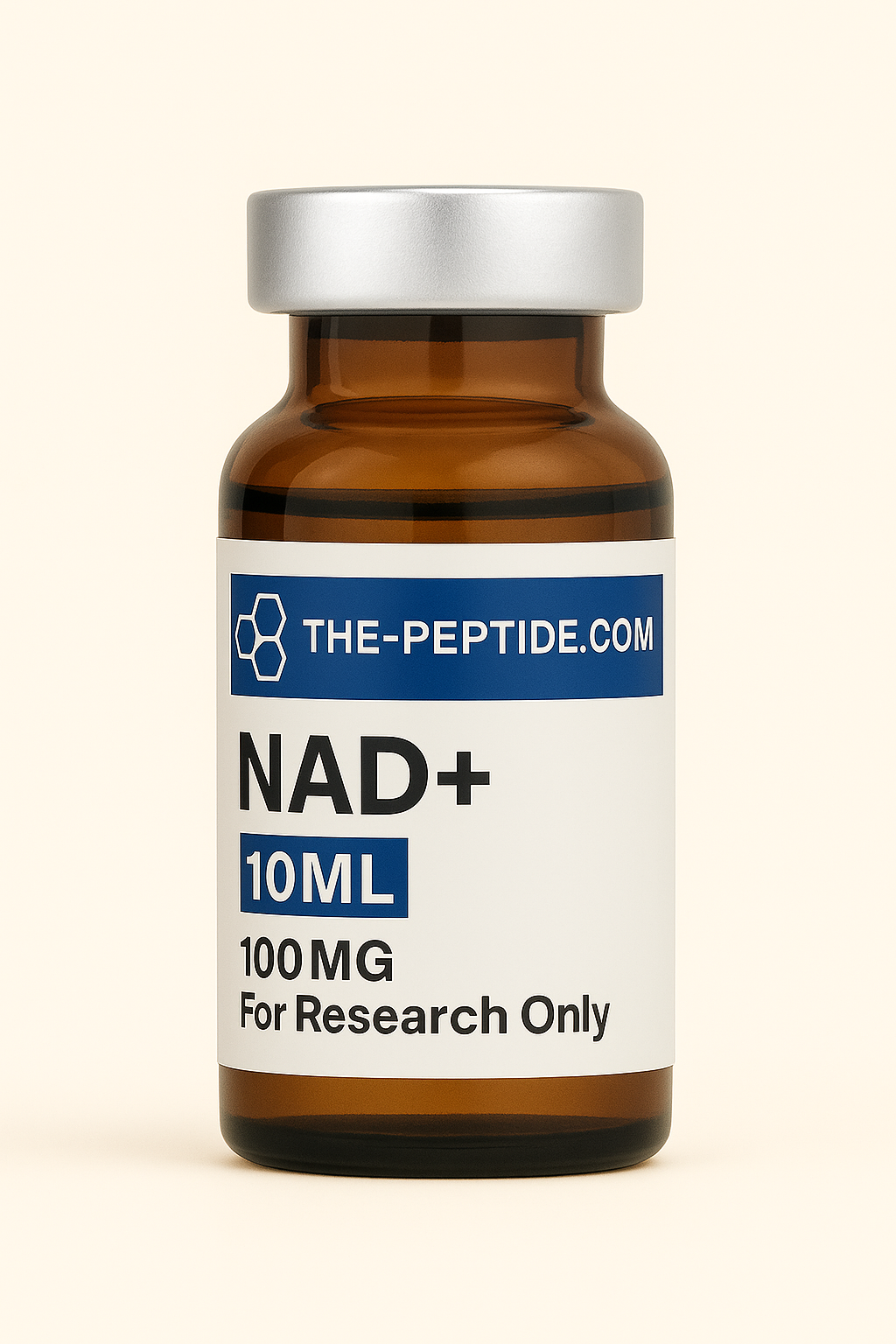 Amber vial labeled NAD+ 10ML 100MG for research only from the-peptide.com.