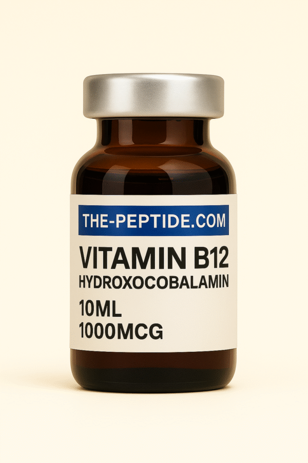 A bottle of Vitamin B12 hydroxycobalamin supplement.