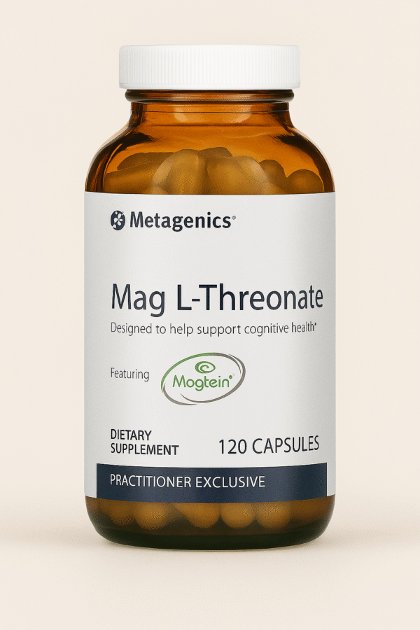 Bottle of Mag L-Threonate dietary supplement capsules.