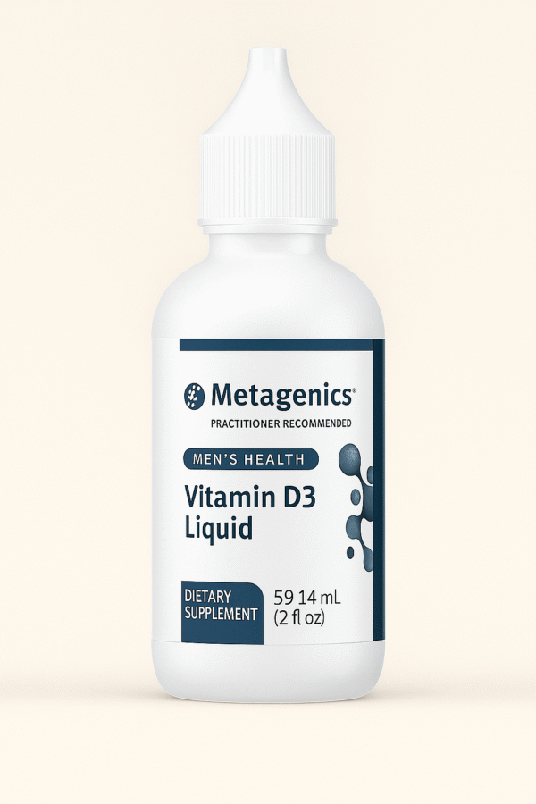 Bottle of Metagenics Vitamin D3 supplement for bone and immune health.