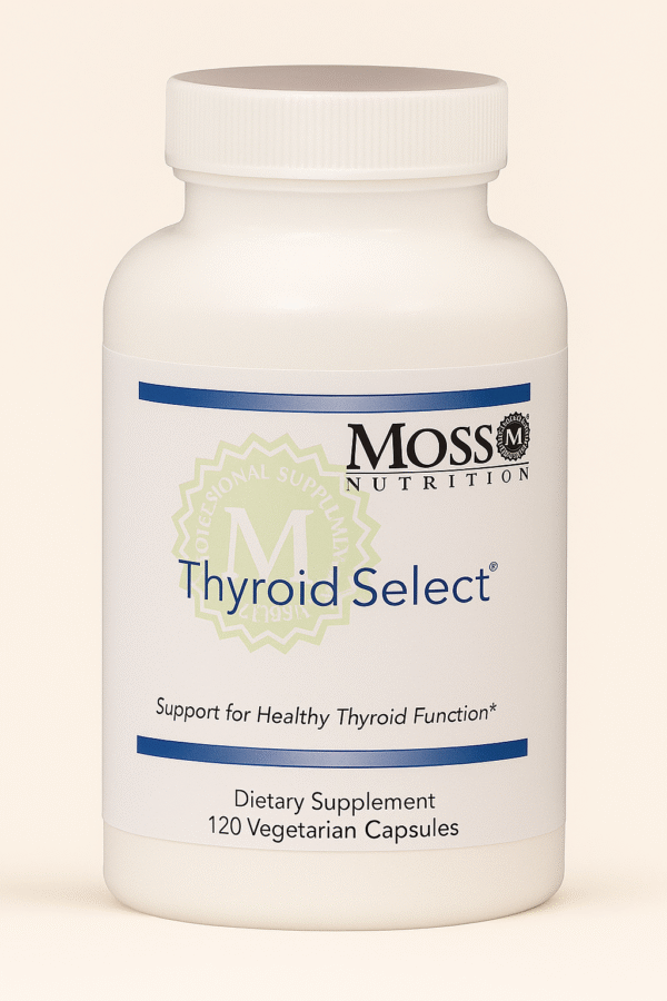 Bottle of Moss Nutrition Thyroid Select dietary supplement.