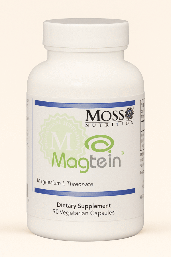 Bottle of Magtein dietary supplement by Moss Nutrition.