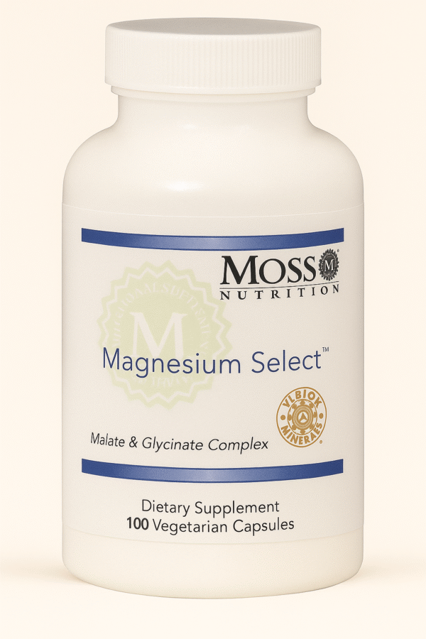 Bottle of Moss Nutrition Magnesium Select dietary supplement.