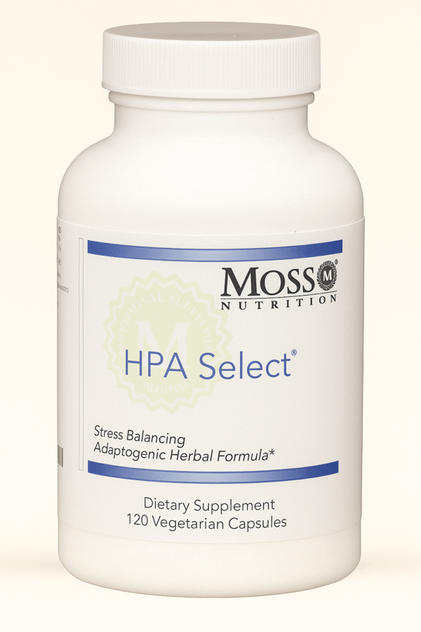 Bottle of Moss Nutrition DHA Select dietary supplement for stress balancing.