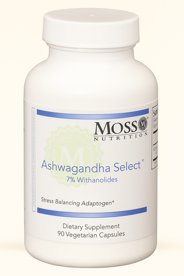 A bottle of Moss Nutrition Ashwagandha Select dietary supplement.