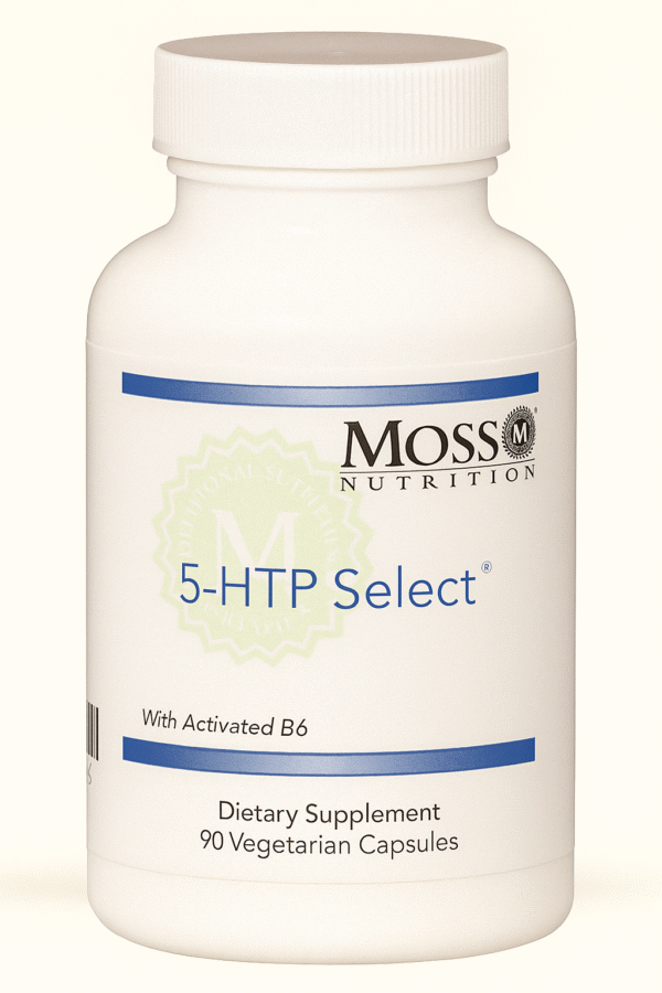 Bottle of Moss Nutrition 5-HTP Select dietary supplement.