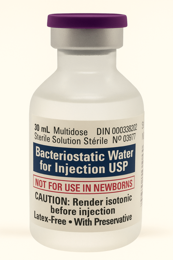 Bottle of bacteriostatic water for injection, used in newborns.