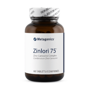 Bottle of Zinlori 75 supplement by Metagenics.