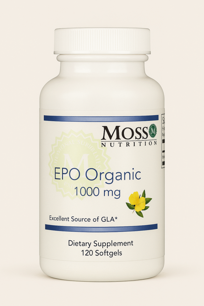 Bottle of Moss Nutrition EPO Organic 1000 mg dietary supplement.