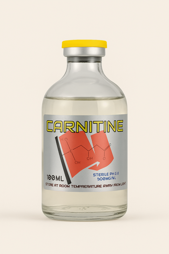 A glass bottle labeled 'Carnitine' with a yellow cap and a red graphic design.