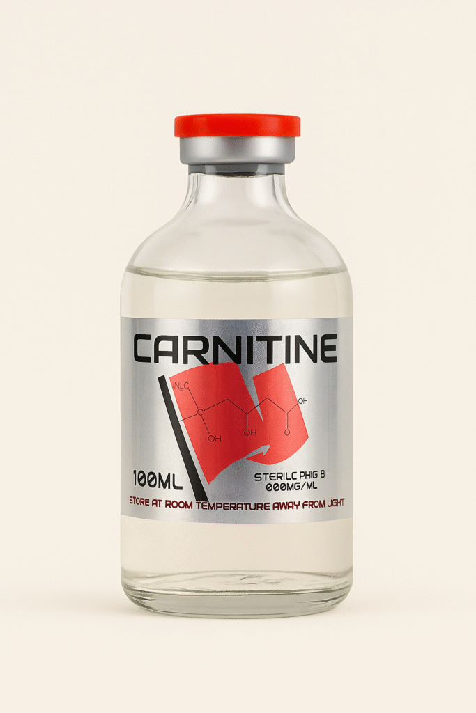 Clear bottle labeled Carnitine with red and black design.