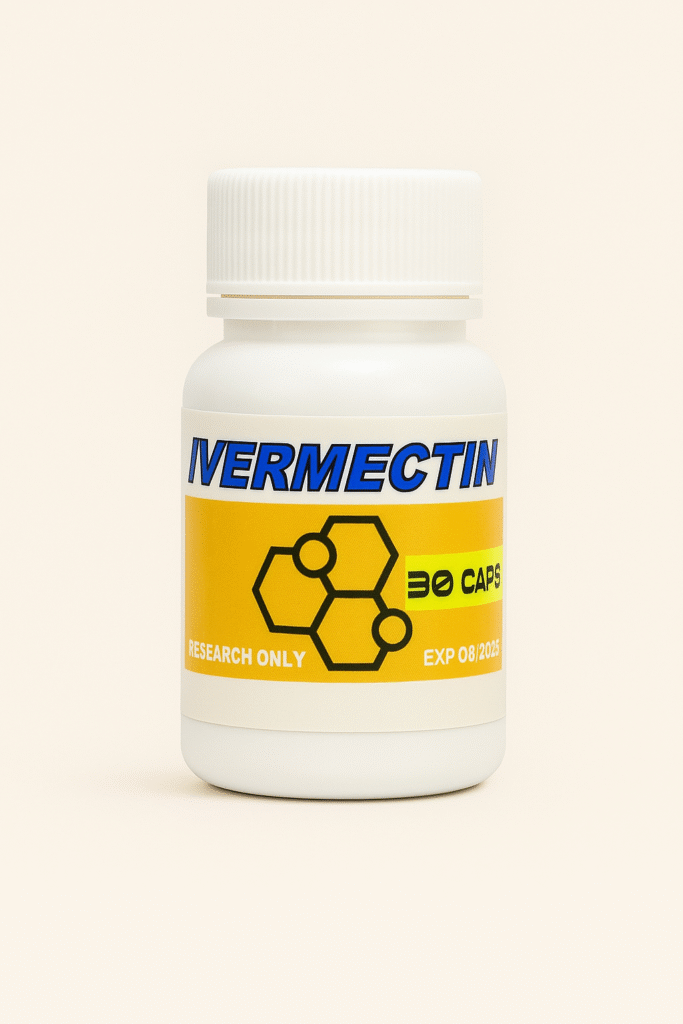 A bottle of Ivermectin 200 capsules with yellow and white label.