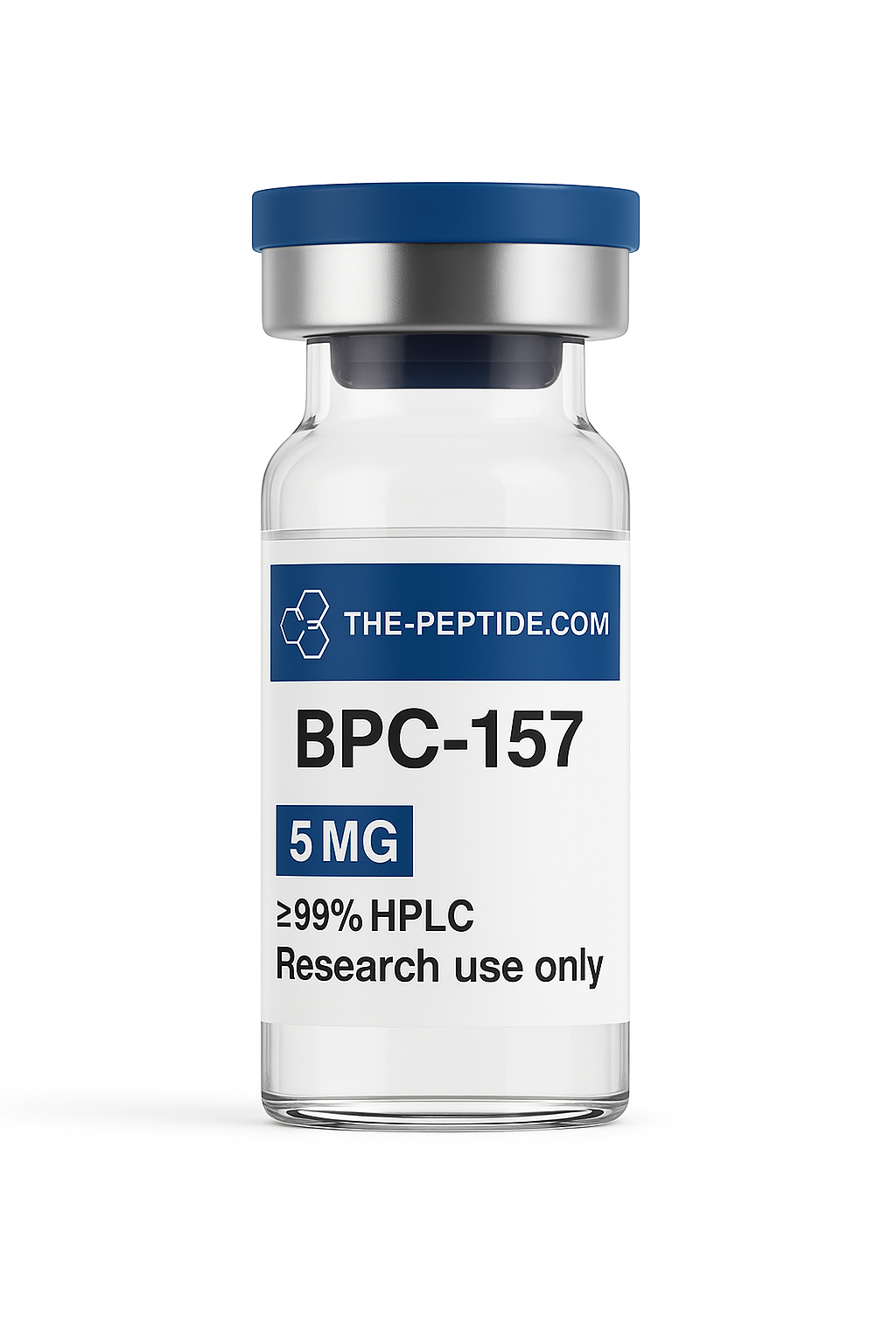 A 5mg vial of BPC-157 peptide labeled for research use only.