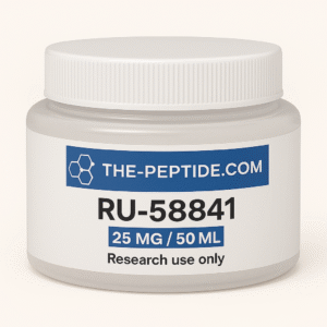 A white container labeled RU-58841 peptide for research use only.