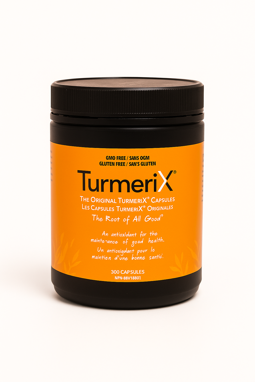 A jar of TurmeriX turmeric supplement with black lid.