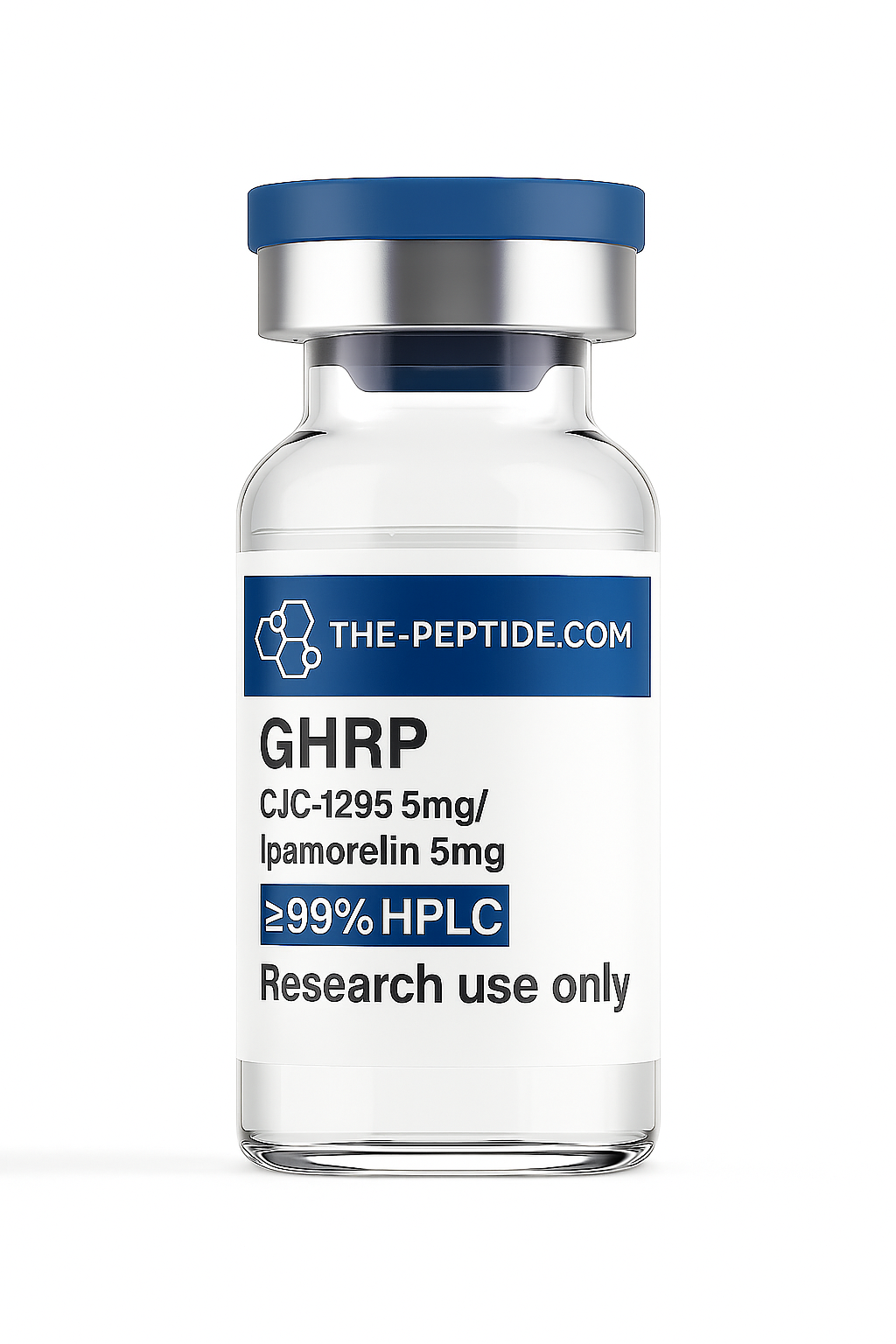 A vial labeled GHRP peptide for research use only.