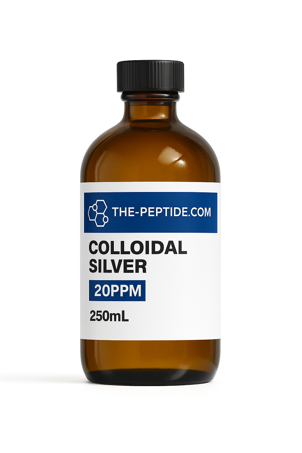 Amber bottle of 250mL colloidal silver solution with 20 PPM concentration.