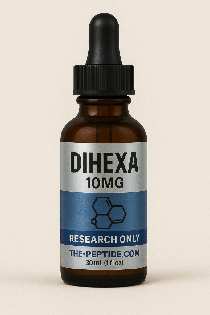 Brown research bottle labeled DIHEXA 10MG with blue and white label.