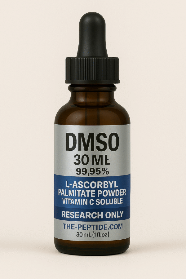 A brown bottle labeled DMSO with ascorbyl palmitate powder.