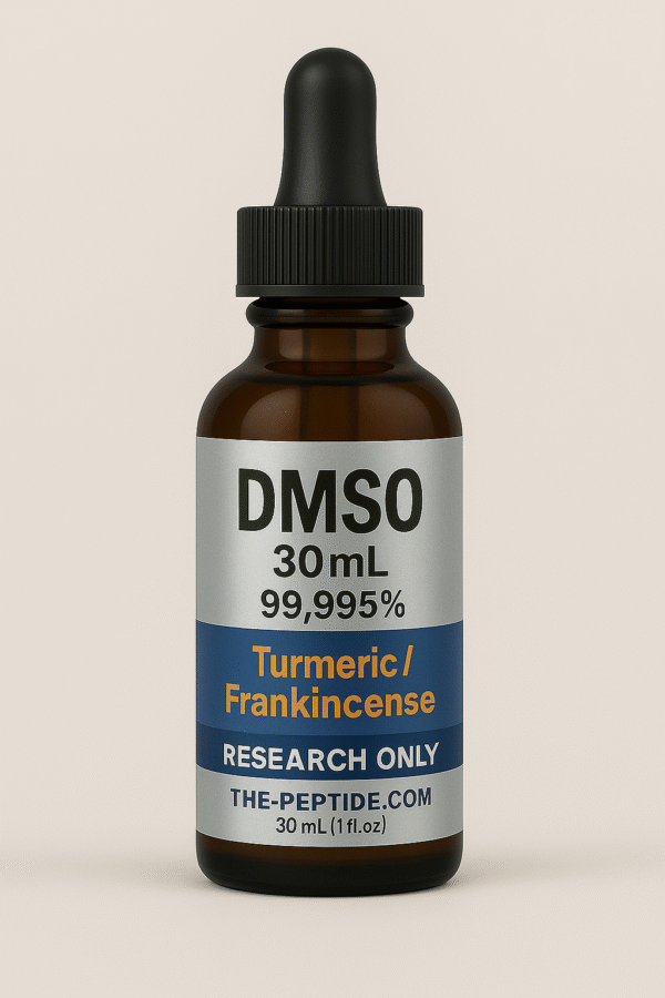 A bottle labeled DMSO with turmeric and frankincense, research only.