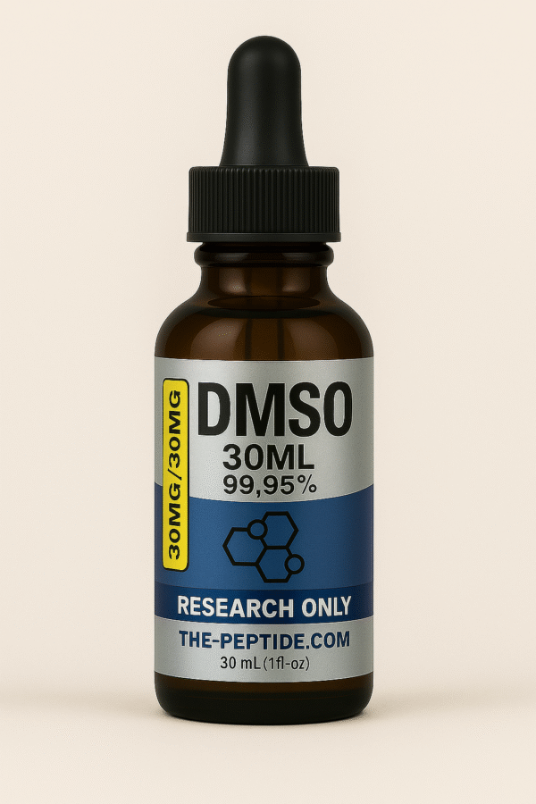 A brown dropper bottle labeled DMSO 30ML, 99.95%, from The Peptide Co.