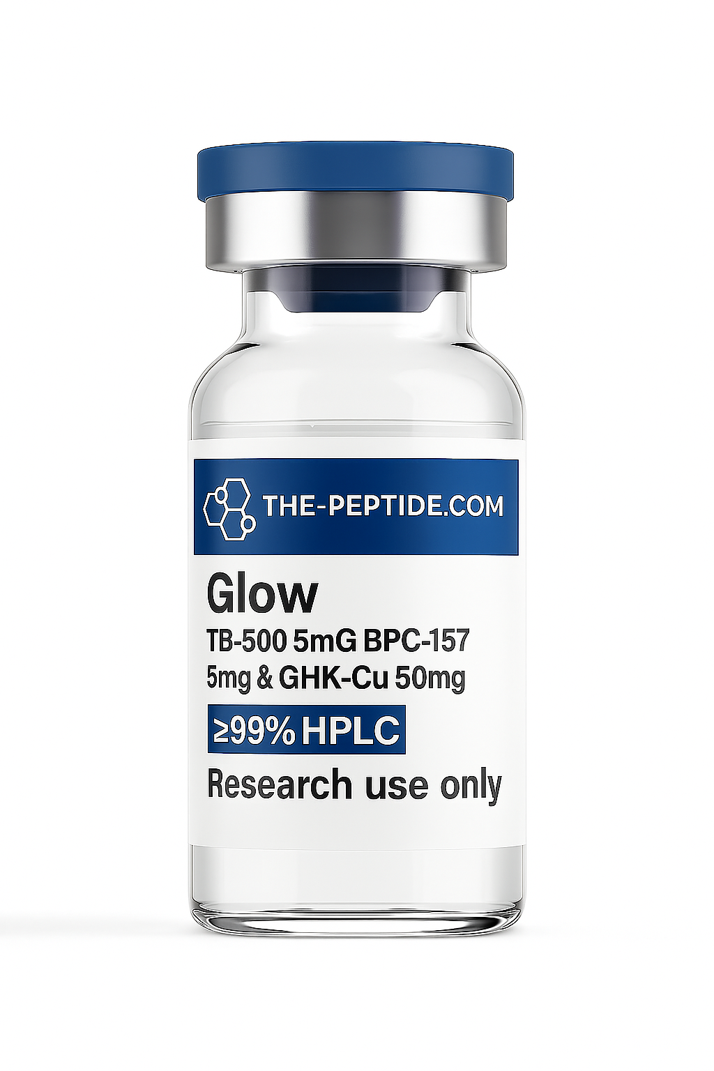 A vial labeled Glow containing TB-500, BPC-157, and GHK-Cu for research use.