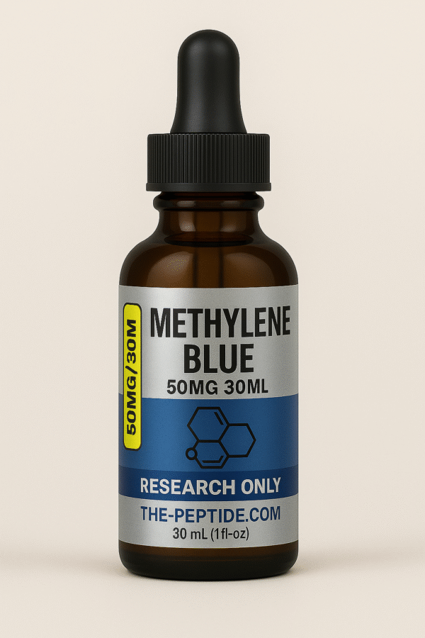 A brown dropper bottle labeled Methylene Blue, 50mg, 30ml.