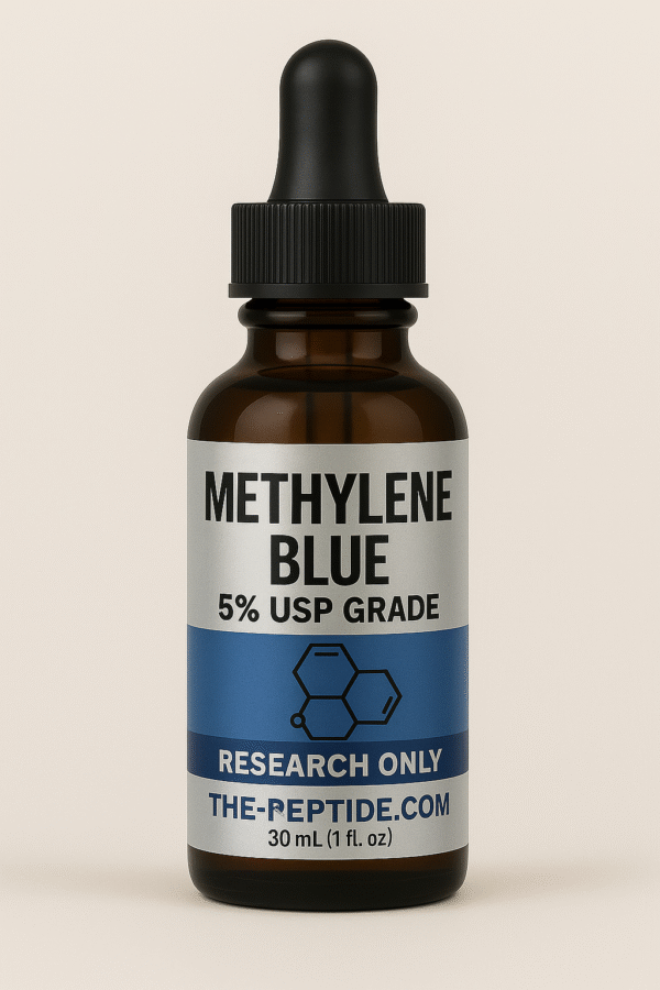 A brown dropper bottle labeled 'Methylene Blue 5% USP Grade' for research use.